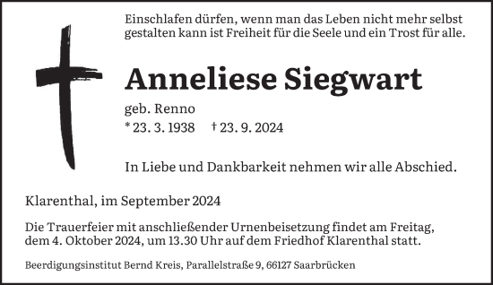 Traueranzeige von Anneliese Siegwart von saarbruecker_zeitung