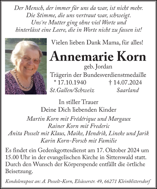 Traueranzeige von Annemarie Korn von saarbruecker_zeitung