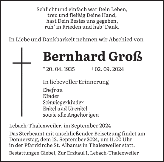 Traueranzeige von Bernhard Groß von saarbruecker_zeitung