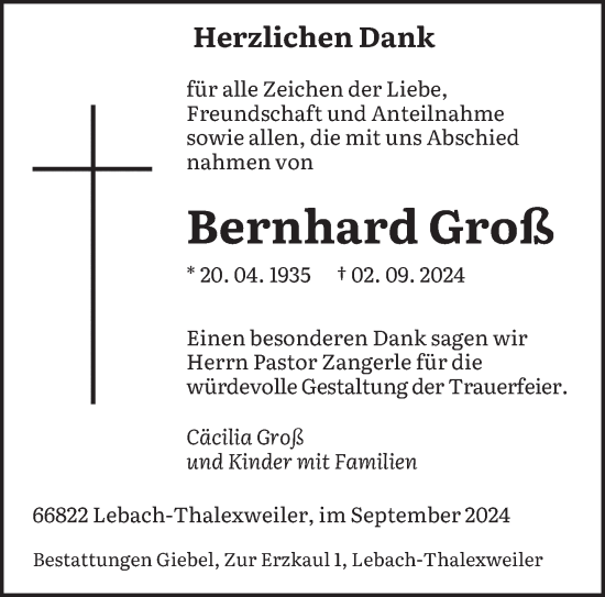 Traueranzeige von Bernhard Groß von saarbruecker_zeitung