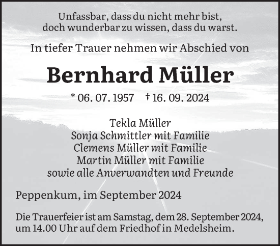 Traueranzeige von Bernhard Müller von saarbruecker_zeitung