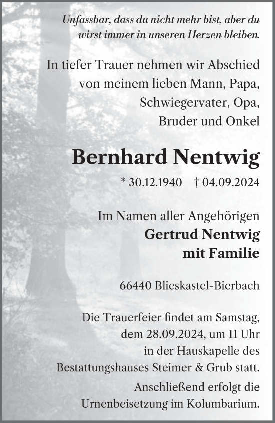 Traueranzeige von Bernhard Nentwig von saarbruecker_zeitung