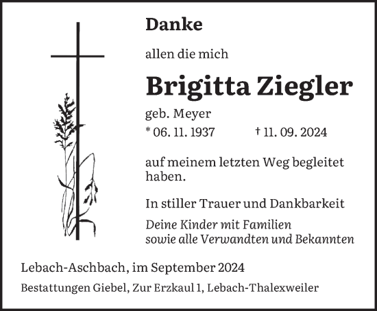 Traueranzeige von Brigitta Ziegler von saarbruecker_zeitung