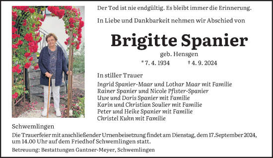 Traueranzeige von Brigitte Spanier von saarbruecker_zeitung