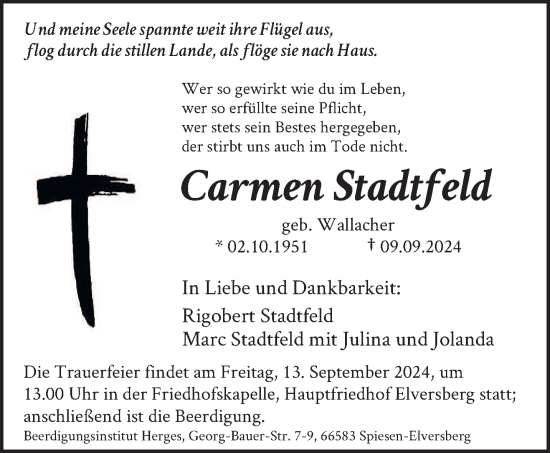 Traueranzeige von Carmen Stadtfeld von saarbruecker_zeitung