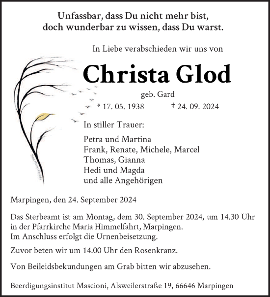 Traueranzeige von Christa Glod von saarbruecker_zeitung