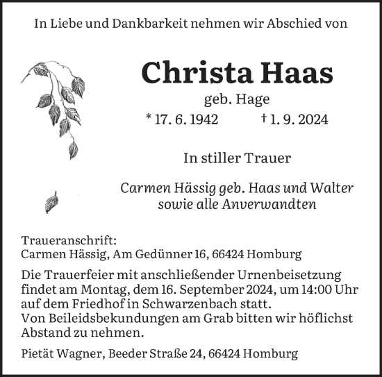 Traueranzeige von Christa Haas von saarbruecker_zeitung