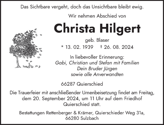 Traueranzeige von Christa Hilgert von saarbruecker_zeitung