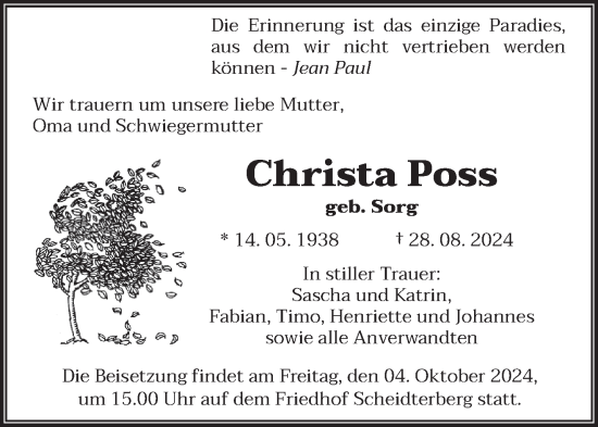 Traueranzeige von Christa Poss von saarbruecker_zeitung