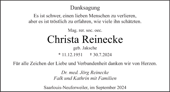 Traueranzeige von Christa Reinecke von saarbruecker_zeitung