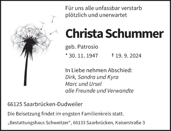 Traueranzeige von Christa Schummer von saarbruecker_zeitung