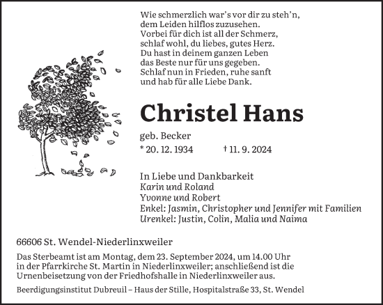 Traueranzeige von Christel Hans von saarbruecker_zeitung