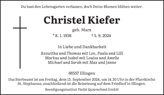 Traueranzeige von Christel Kiefer von saarbruecker_zeitung