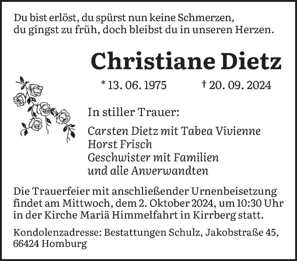  Traueranzeige für Christiane Dietz vom 28.09.2024 aus saarbruecker_zeitung