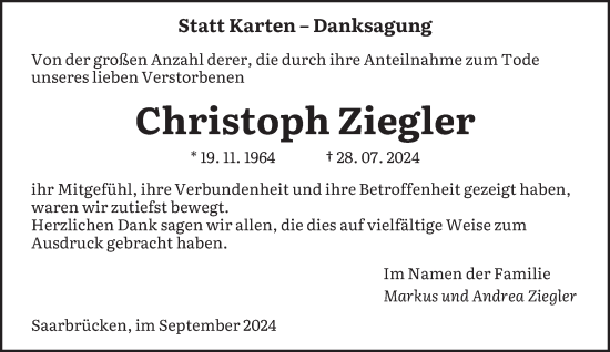 Traueranzeige von Christoph Ziegler von saarbruecker_zeitung