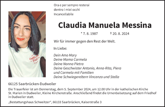 Traueranzeige von Claudia Manuela Messina von saarbruecker_zeitung