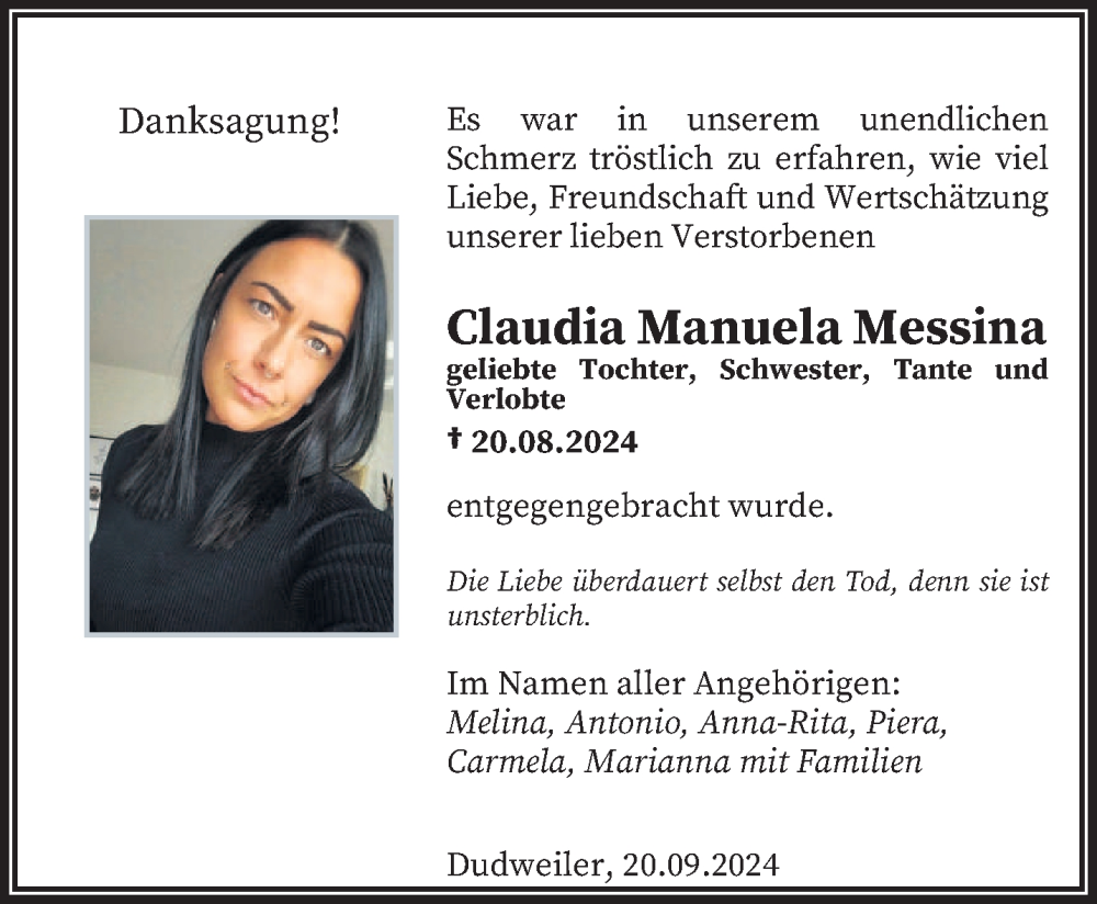  Traueranzeige für Claudia Manuela Messina vom 20.09.2024 aus saarbruecker_zeitung