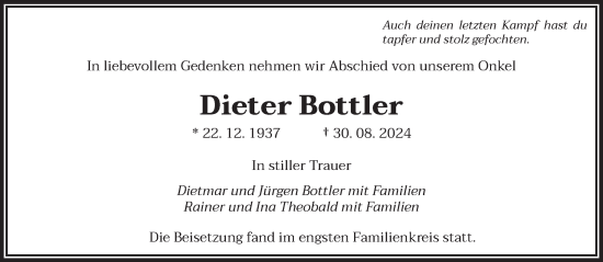 Traueranzeige von Dieter Bottler von saarbruecker_zeitung