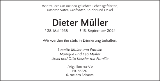 Traueranzeige von Dieter Müller von saarbruecker_zeitung