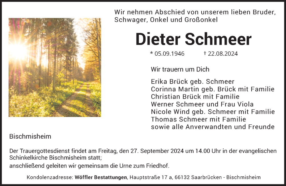  Traueranzeige für Dieter Schmeer vom 14.09.2024 aus saarbruecker_zeitung