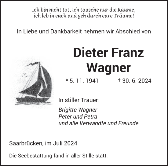 Traueranzeige von Dieter Franz Wagner von saarbruecker_zeitung