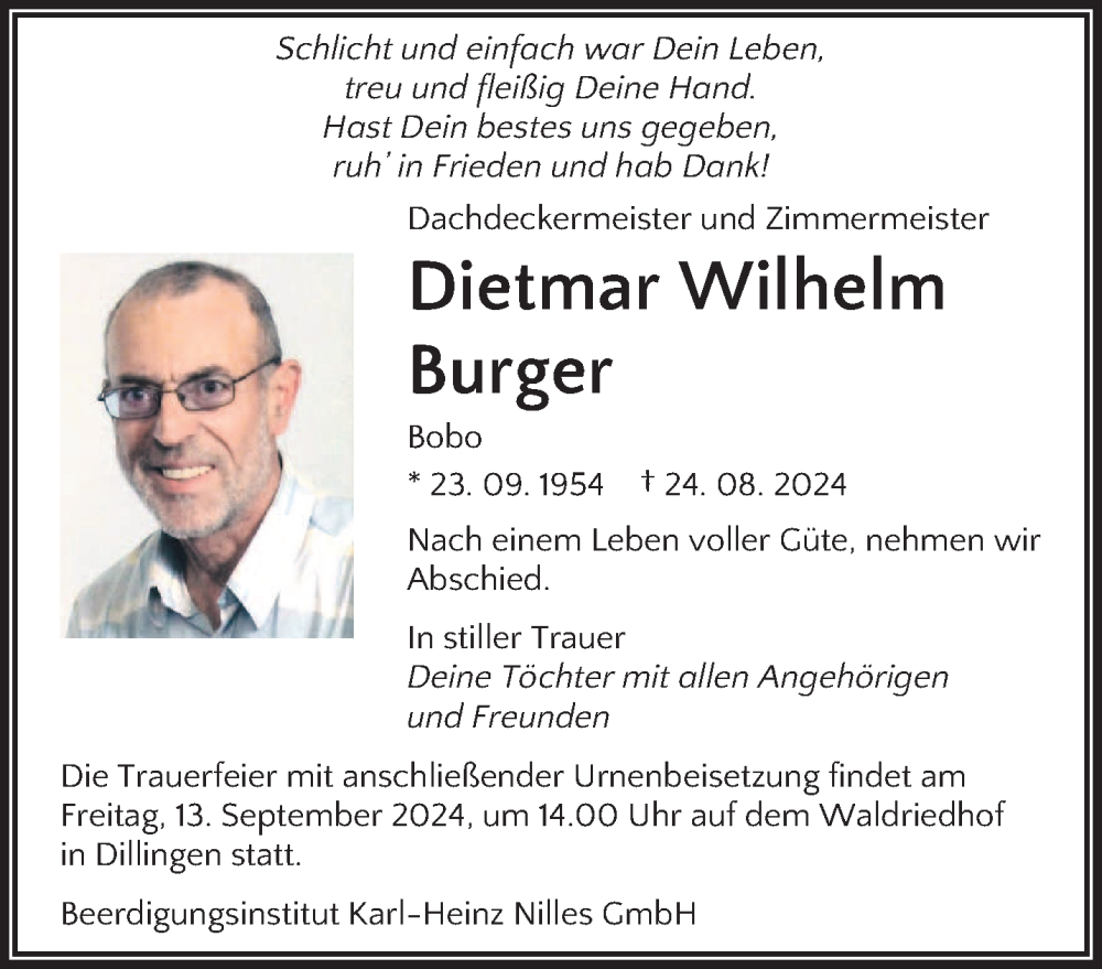  Traueranzeige für Dietmar Wilhelm Burger vom 31.08.2024 aus saarbruecker_zeitung