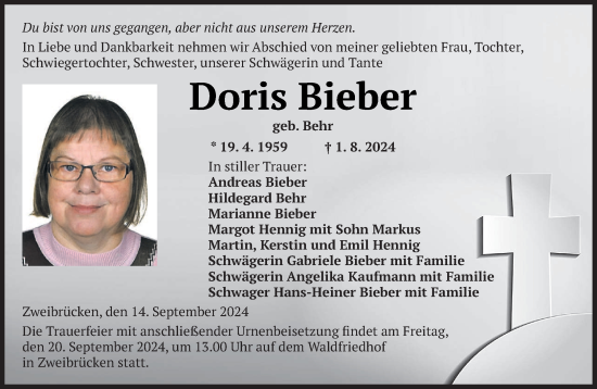 Traueranzeige von Doris Bieber von saarbruecker_zeitung