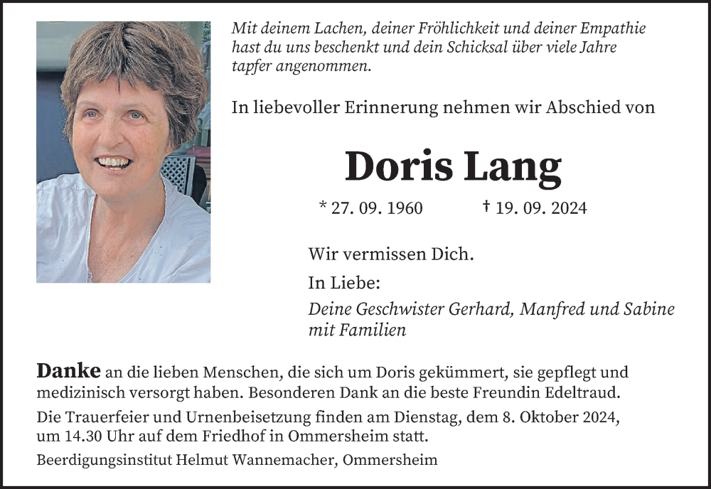  Traueranzeige für Doris Lang vom 28.09.2024 aus saarbruecker_zeitung