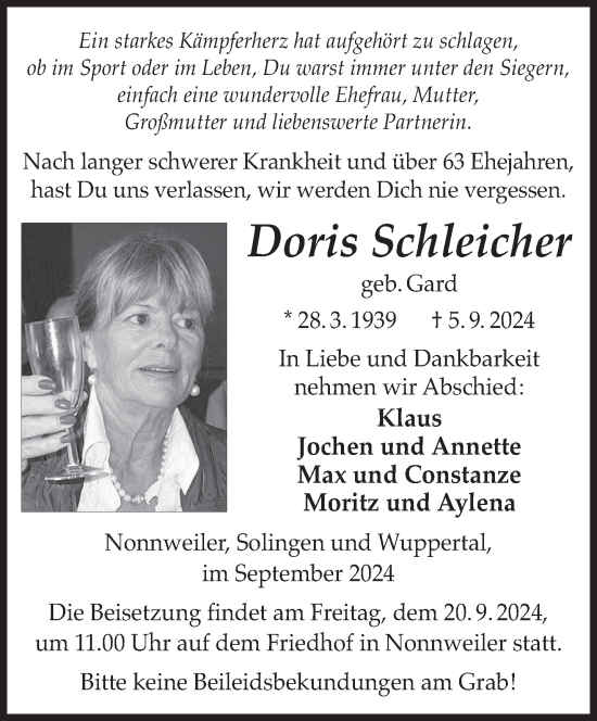 Traueranzeige von Doris Schleicher von saarbruecker_zeitung