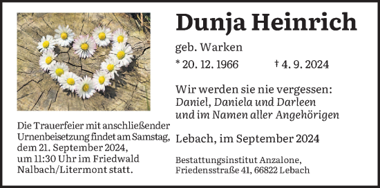 Traueranzeige von Dunja Heinrich von saarbruecker_zeitung