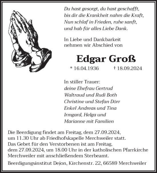 Traueranzeige von Edgar Groß von saarbruecker_zeitung