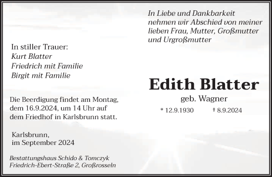 Traueranzeige von Edith Blatter von saarbruecker_zeitung