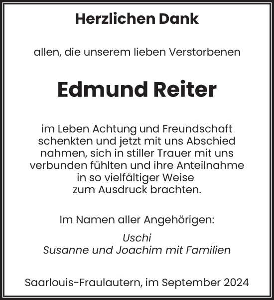 Traueranzeige von Edmund Reiter von saarbruecker_zeitung