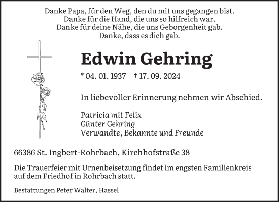 Traueranzeige von Edwin Gehring von saarbruecker_zeitung