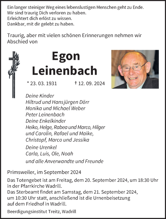 Traueranzeige von Egon Leinenbach von saarbruecker_zeitung