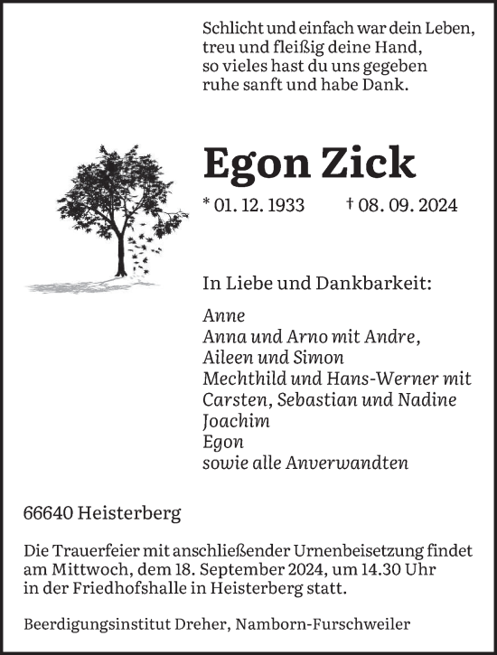 Traueranzeige von Egon Zick von saarbruecker_zeitung