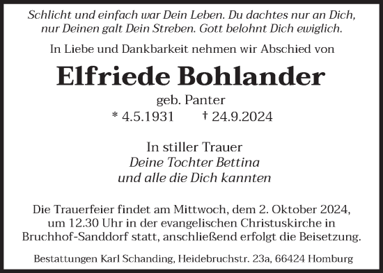 Traueranzeige von Elfriede Bohlander von saarbruecker_zeitung