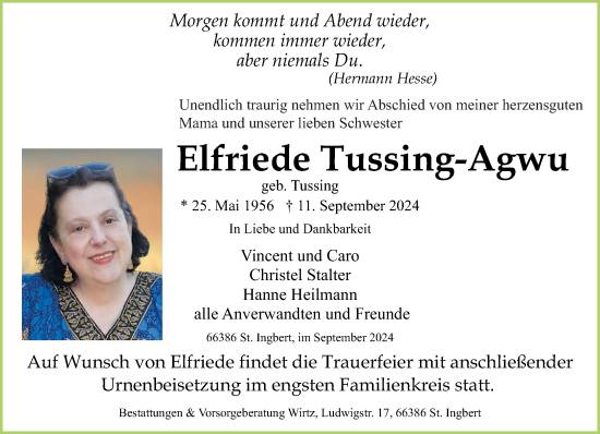 Traueranzeige von Elfriede Tussing-Agwu von saarbruecker_zeitung