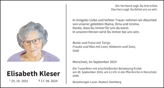 Traueranzeige von Elisabeth Kleser von saarbruecker_zeitung