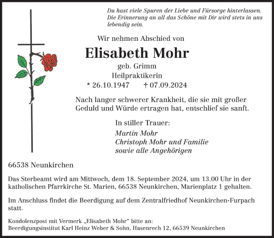 Traueranzeige von Elisabeth Mohr von saarbruecker_zeitung