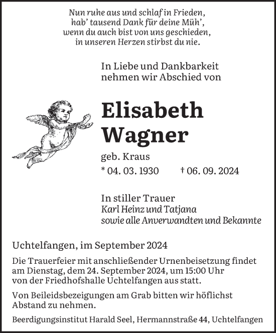 Traueranzeige von Elisabeth Wagner von saarbruecker_zeitung