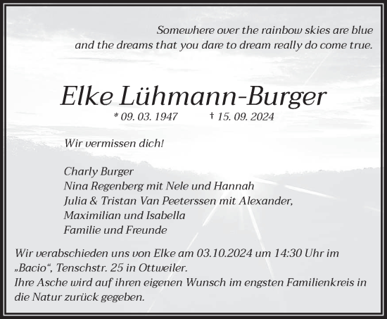 Traueranzeige von Elke Lühmann-Burger von saarbruecker_zeitung