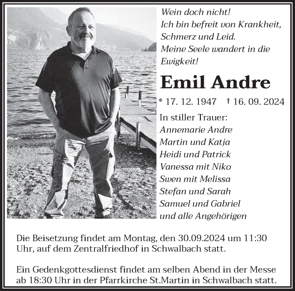  Traueranzeige für Emil Andre vom 25.09.2024 aus saarbruecker_zeitung