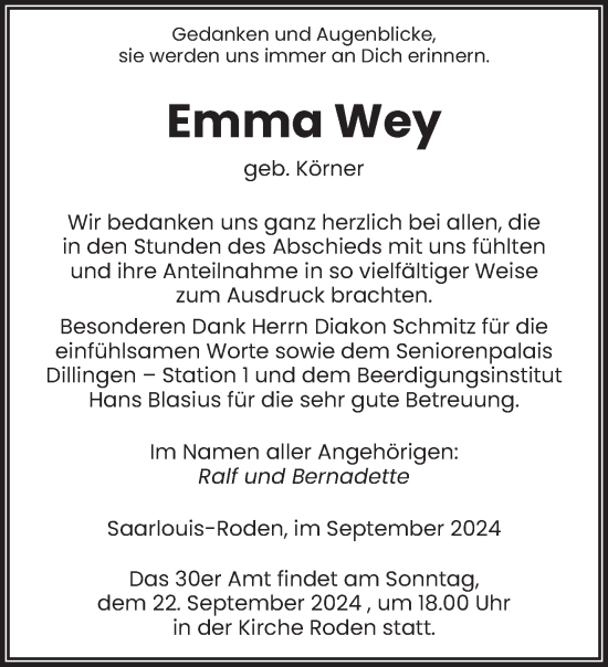 Traueranzeige von Emma Wey von saarbruecker_zeitung