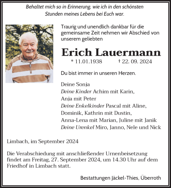 Traueranzeige von Erich Lauermann von saarbruecker_zeitung