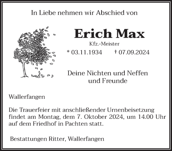 Traueranzeige von Erich Max von saarbruecker_zeitung