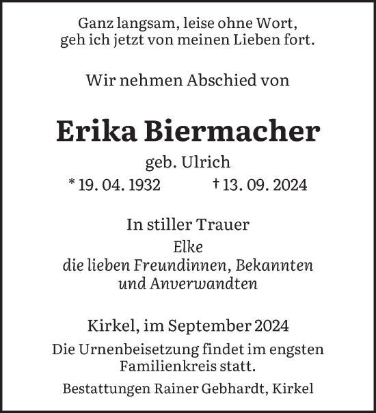 Traueranzeige von Erika Biermacher von saarbruecker_zeitung