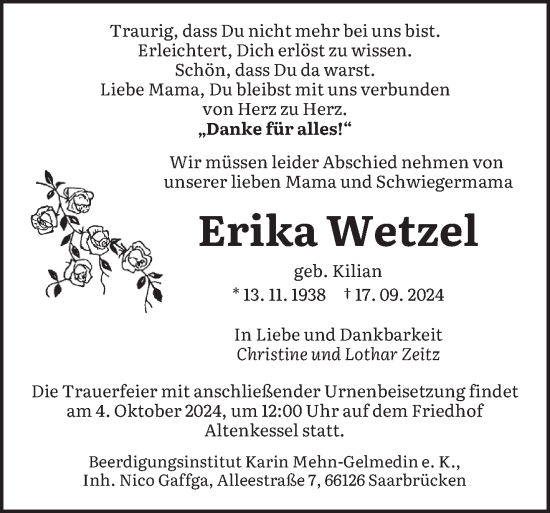 Traueranzeige von Erika Wetzel von saarbruecker_zeitung