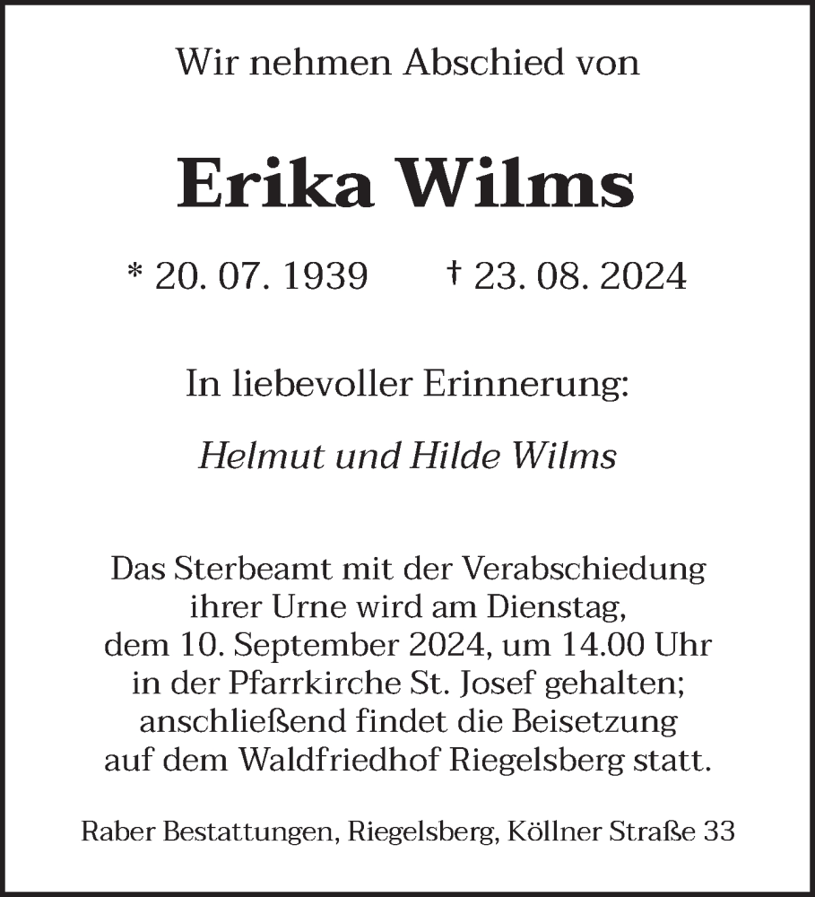  Traueranzeige für Erika Wilms vom 04.09.2024 aus saarbruecker_zeitung