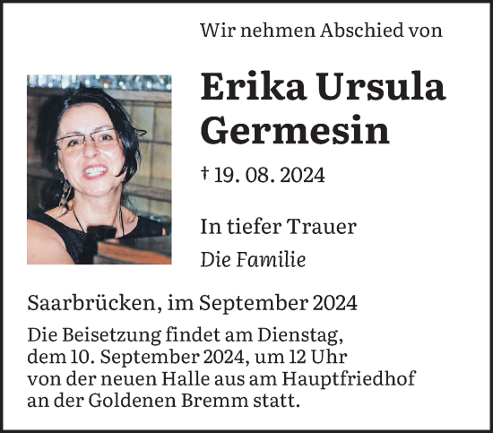 Traueranzeige von Erika Ursula Germesin von saarbruecker_zeitung